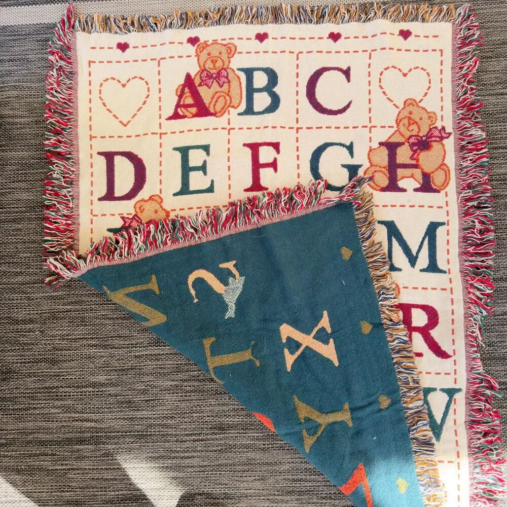 Vintage Alphabet and Bears Woven Blanket With Fringe